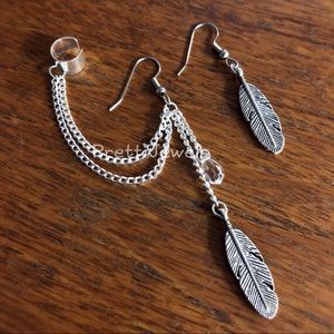 New Unworn Feather Crystal Drop Ear Cuff Earrings